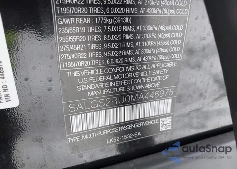 2021 Land Rover Range Rover Westminster z USA, uszkodzony, nr VIN SALGS2RU0MA446975